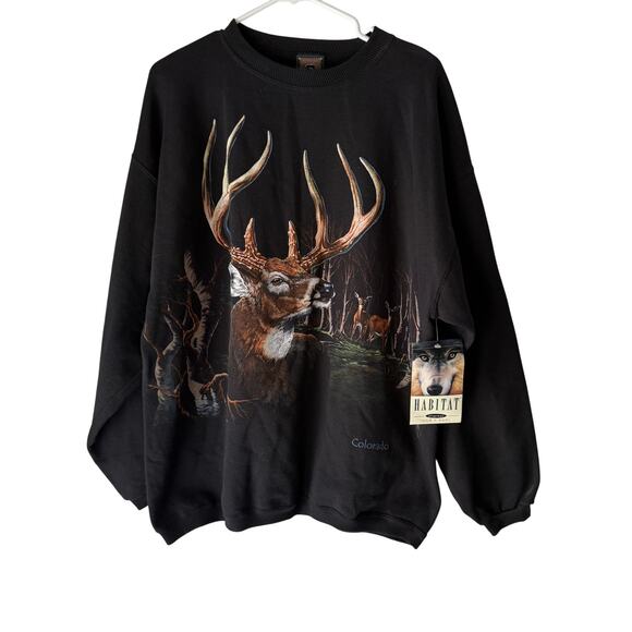 Vintage Habitat Sweatshirt Mens XL Black Deer Buck Graphic Crewneck Made USA 90s - Picture 1 of 6